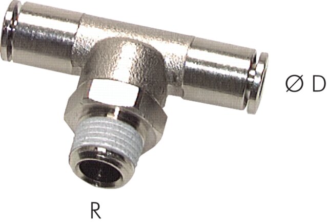 Exemplarische Darstellung: T-Einschraubanschluss mit konischem Gewinde (positionierbar), Baureihe C, Messing vernickelt